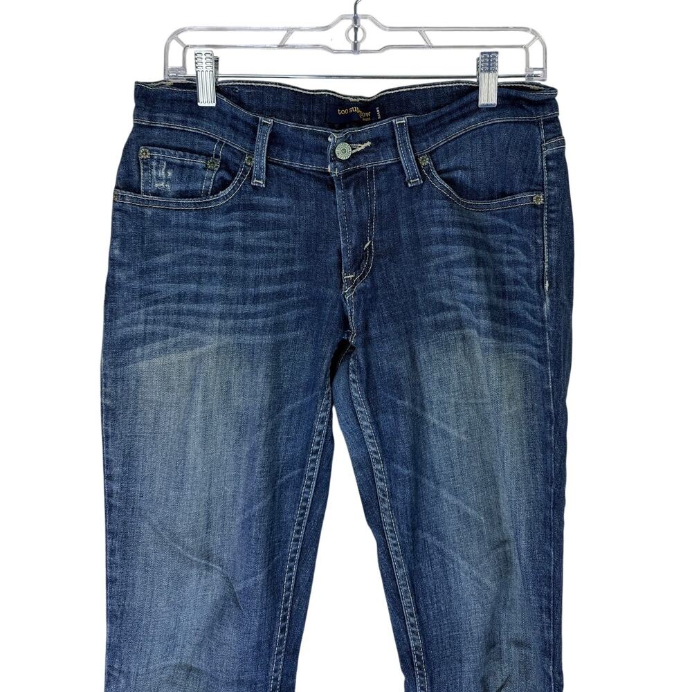 Levi's Too Super Low 524 Jeans Blue Distressed Low Waist Denim Slim Pants Size 7 - Picture 2 of 9